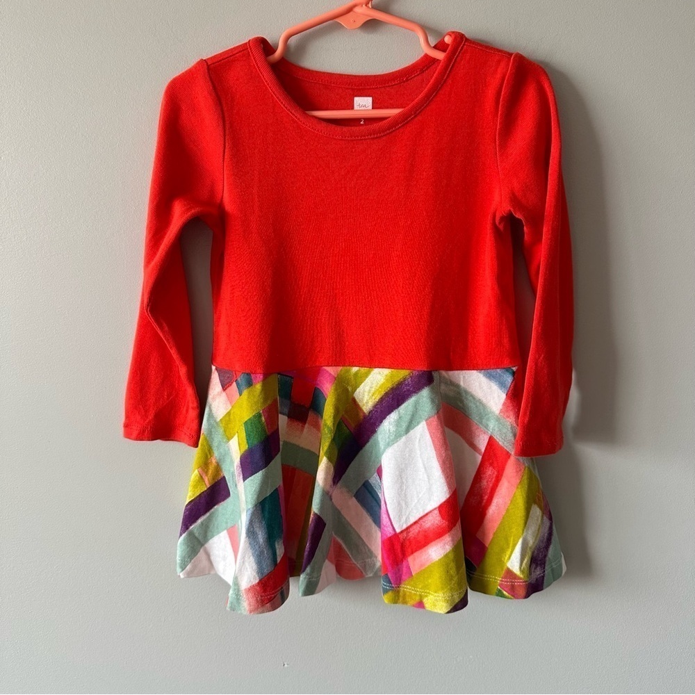 Tea Collection Girls 2T Red Geometric Long Sleeve  Dress